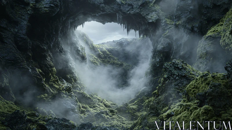 AI ART Mystical Grotto with Misty Light and Green Moss