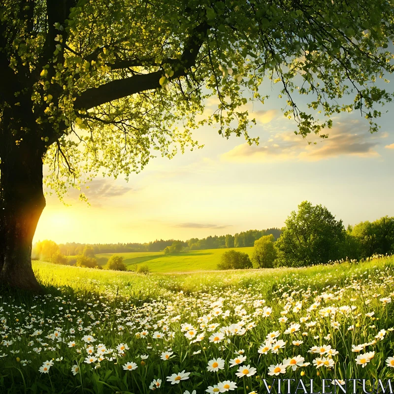 Sunlit Meadow with Daisies and Tree AI Image