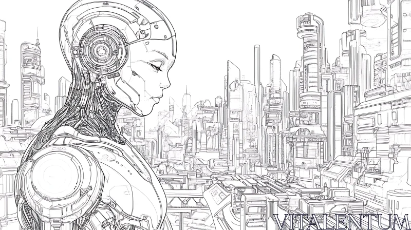 AI ART Futuristic City and Cyborg Line Art