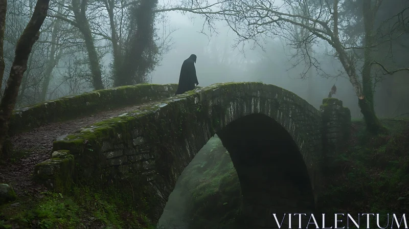 AI ART Cloaked Figure on Ancient Stone Bridge