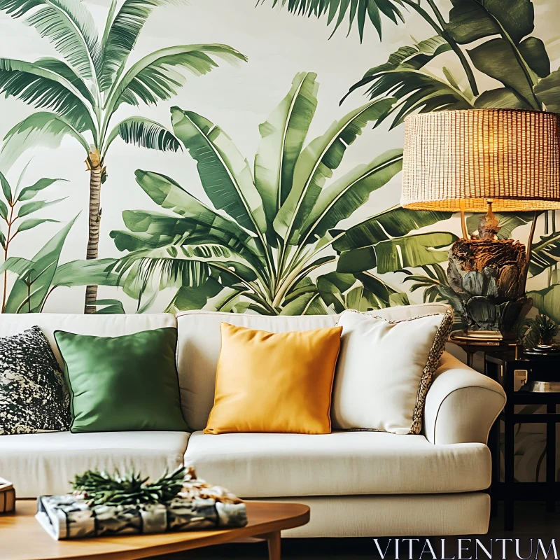 Living Room with Tropical Wallpaper and Sofa AI Image