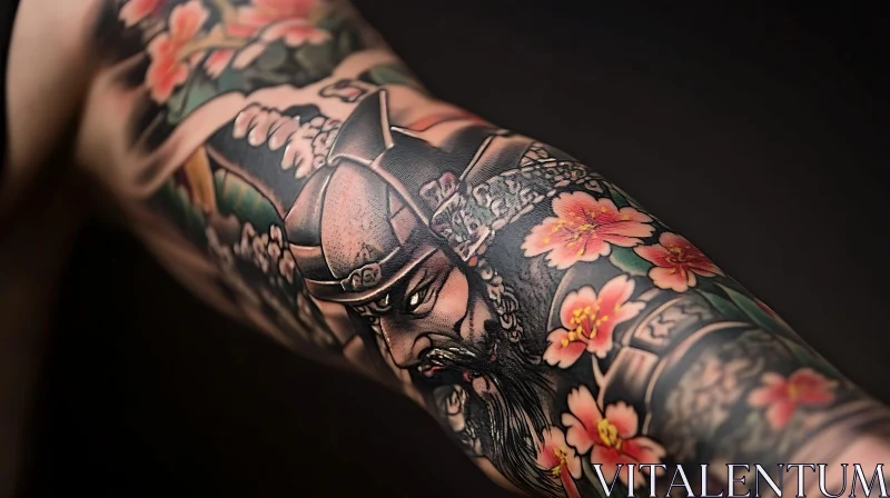 Samurai Warrior Surrounded by Cherry Blossoms Tattoo AI Image