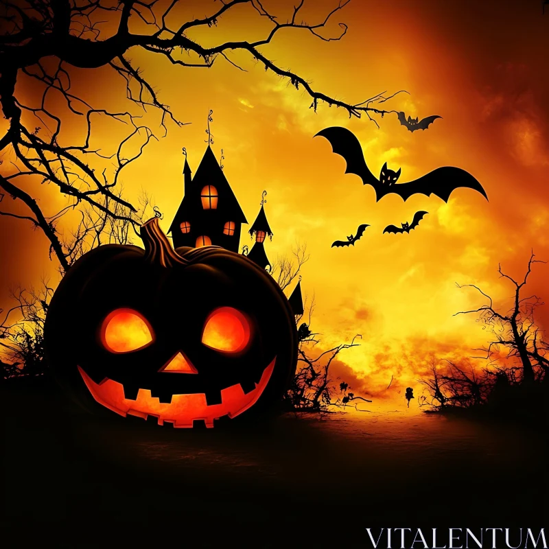 Spooky Halloween Pumpkin with Bats AI Image