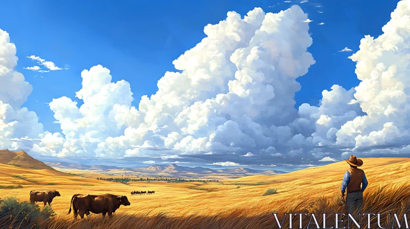 AI ART Pastoral Scene with Cows and Cloudy Sky