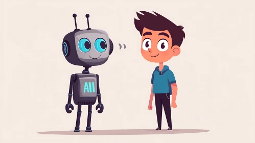 Cartoon Boy with AI Robot Friend