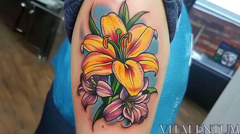 Yellow Lily and Flowers Tattoo Art on Arm AI Image