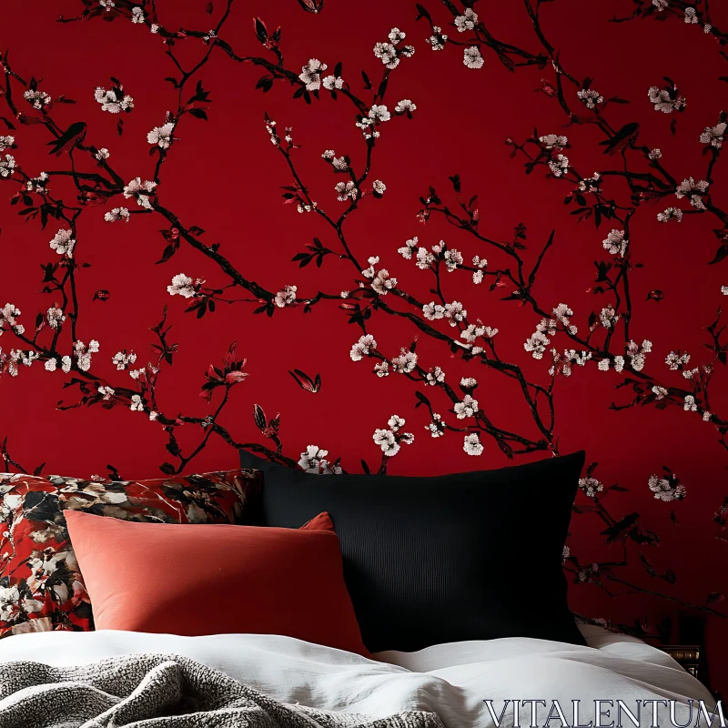 Red Floral Bedroom Wall Decor AI Image