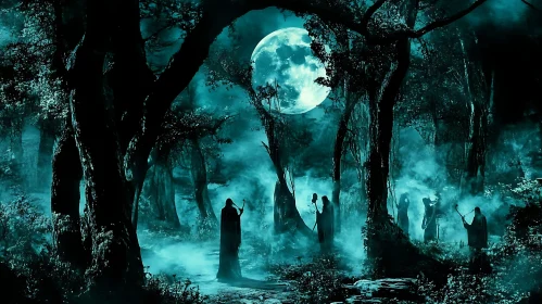 Mystical Figures Under the Moon's Gaze