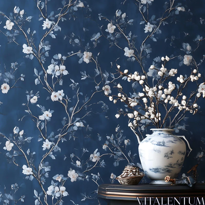 AI ART Vase of Blossoms on Floral Wallpaper