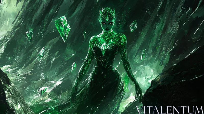 Crystalline Figure in Emerald Depths AI Image