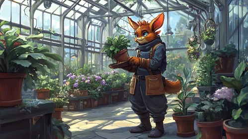 Anthropomorphic Fox Caring for Plants