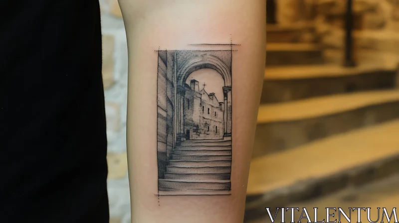 Intricate Architectural Sketch Tattoo on Forearm AI Image