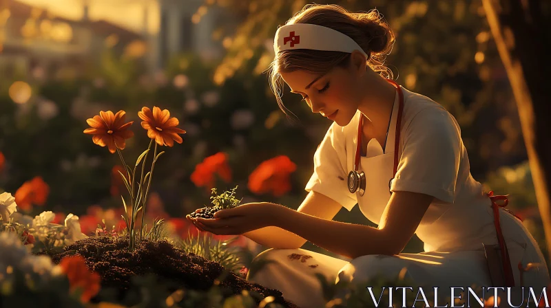 Hopeful Nurse in Blooming Garden AI Image