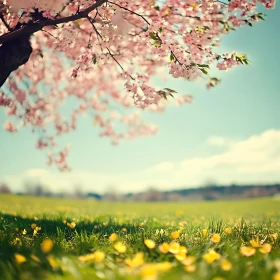 Spring Meadow with Flowering Tree and Yellow Flowers