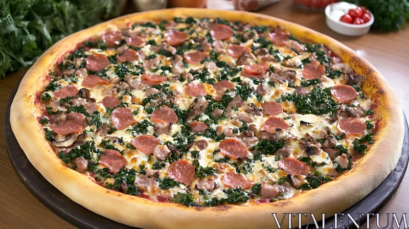 Tasty Pepperoni Spinach Pizza AI Image