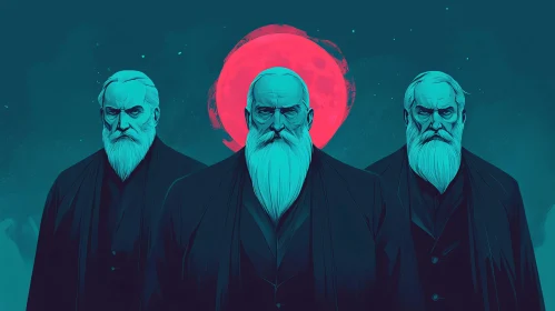 Men with white beards and red moon