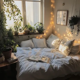 Sunlit Bedroom with Plants and Open Book