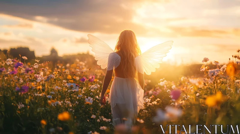 AI ART Sunset Angel in a Floral Meadow