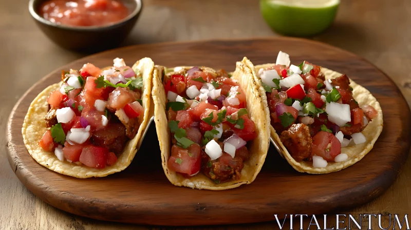 Delicious Mexican Tacos on Wooden Platter AI Image