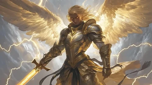 Golden Angel Warrior Amidst Lightning Storm