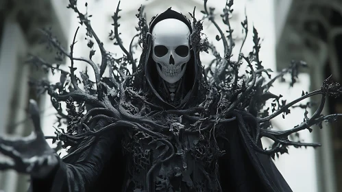 Dark Skeleton with Branches and Gothic Backdrop