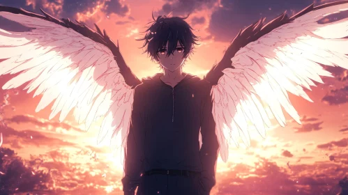 Winged Anime Character Sunset Art