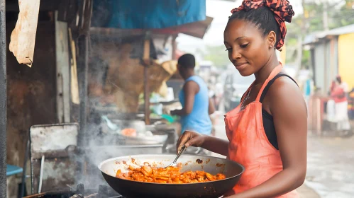 Street Food Cooking Scene with Woman Chef