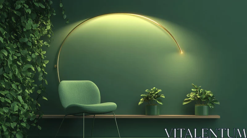 Calm Green Interior with Chair and Plants AI Image