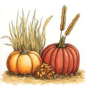 Pumpkins and Wheat Painting