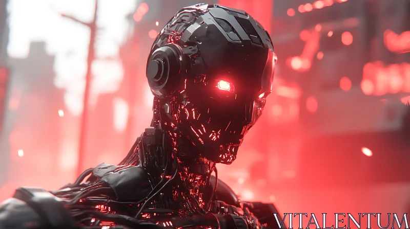 Metallic Cyborg in Red Light AI Image