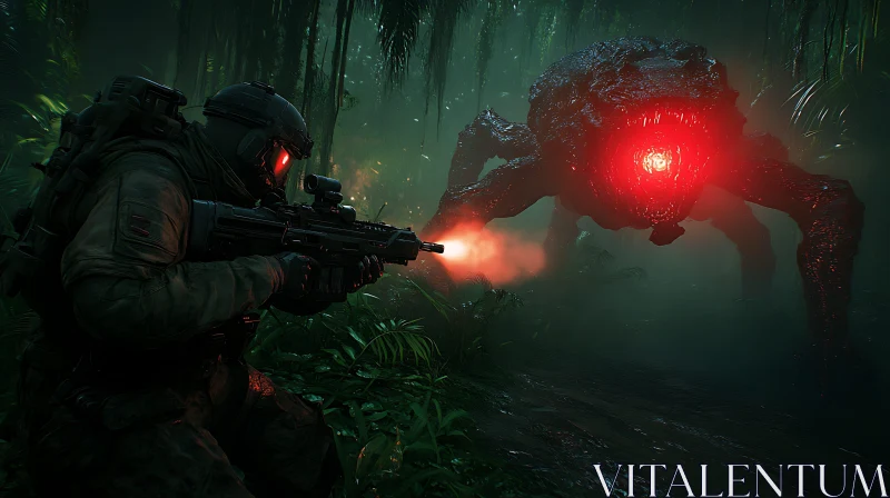 Sci-Fi Soldier Confronts Jungle Monster AI Image