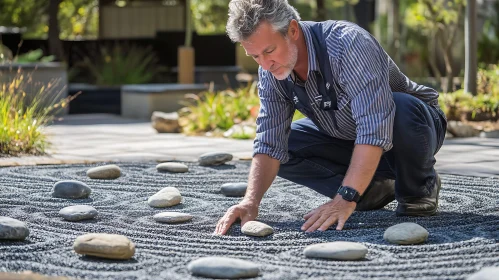 Man Arranging Stones in Zen Garden