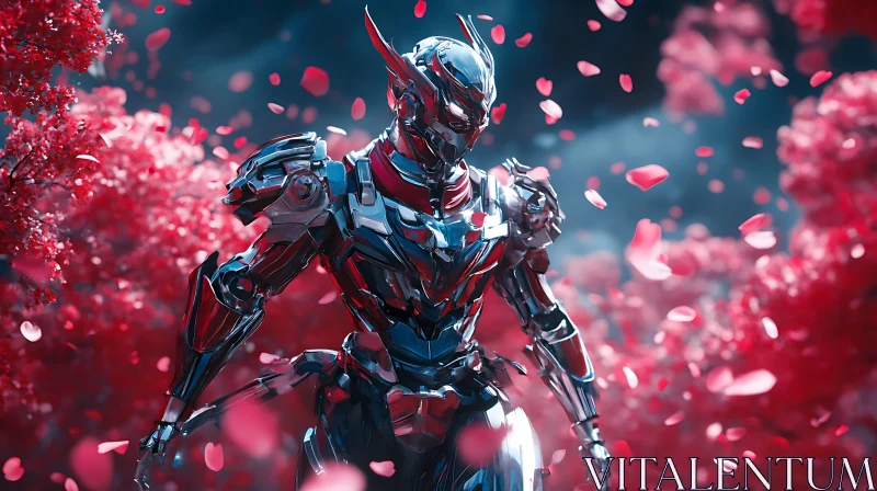 Metallic Cyborg Amidst Floating Red Petals AI Image