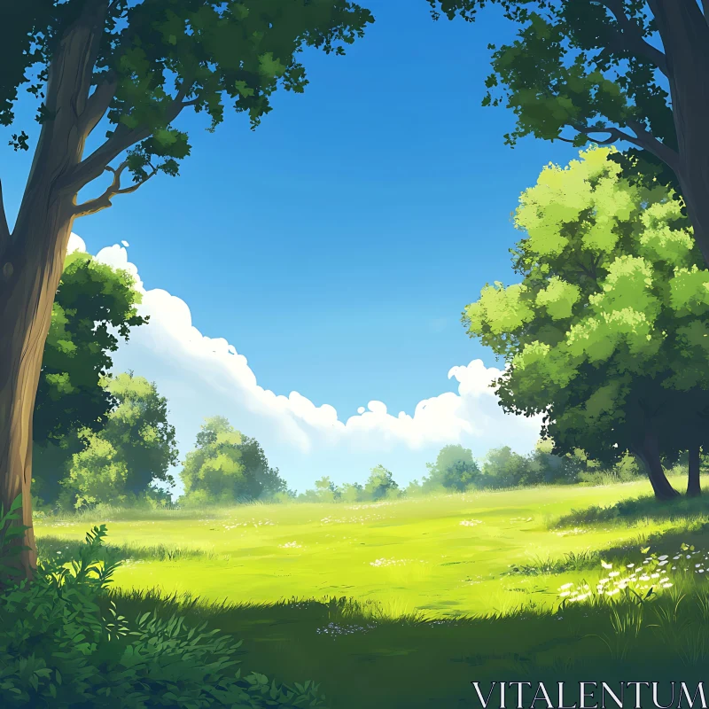 Green Meadow and Blue Sky Art AI Image