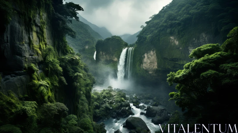 Atmospheric Jungle Waterfall - A Tranquil Landscape AI Image