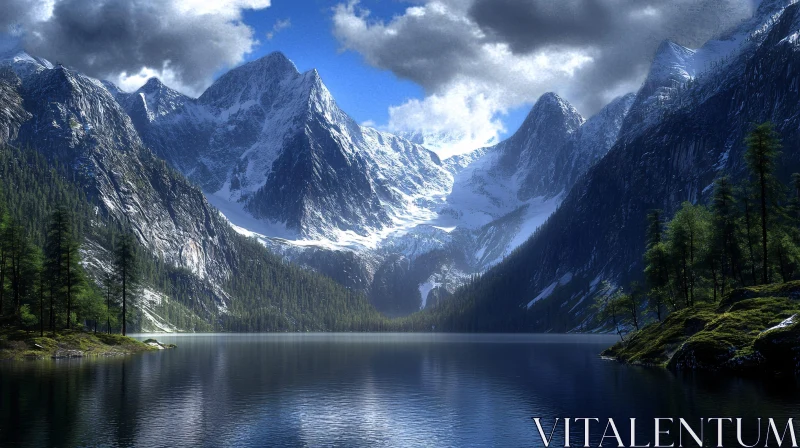 AI ART Tranquil Lake with Snowy Mountain Peaks