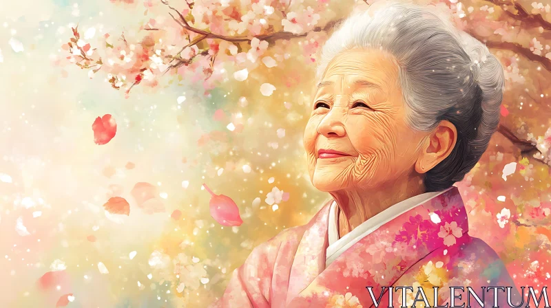 Serene Elderly Woman in Floral Setting AI Image