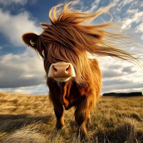 Fluffy Haired Cow on Grassy Meadow