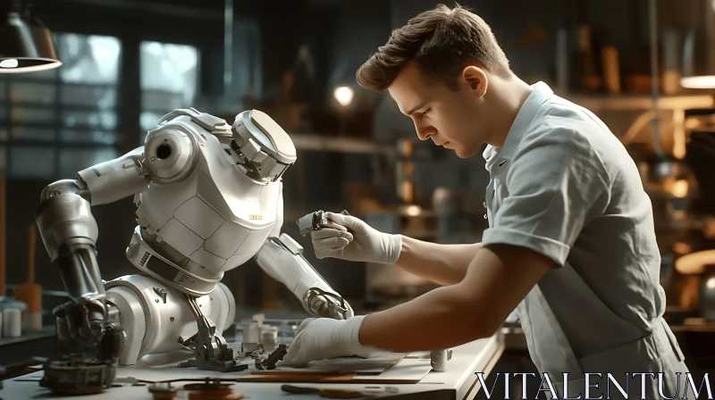 Man Assembling Robot in Workshop AI Image