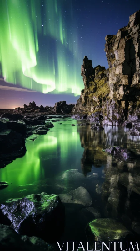 Captivating Northern Lights Reflected on Rocky Shore | National Geographic Style AI Image