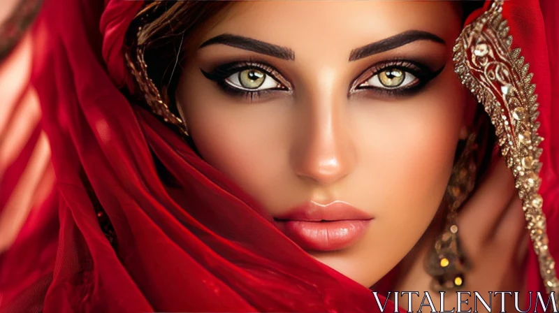 Captivating Portrait of a Young Woman with Green Eyes and a Red Headscarf AI Image