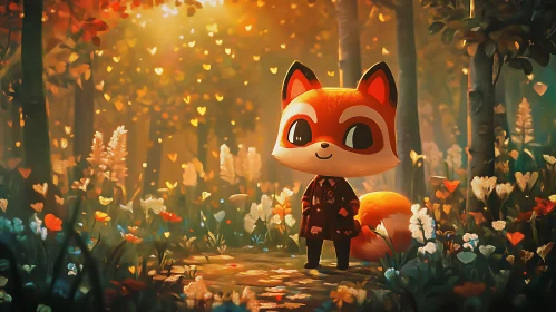 Cartoon Fox Among Flowers