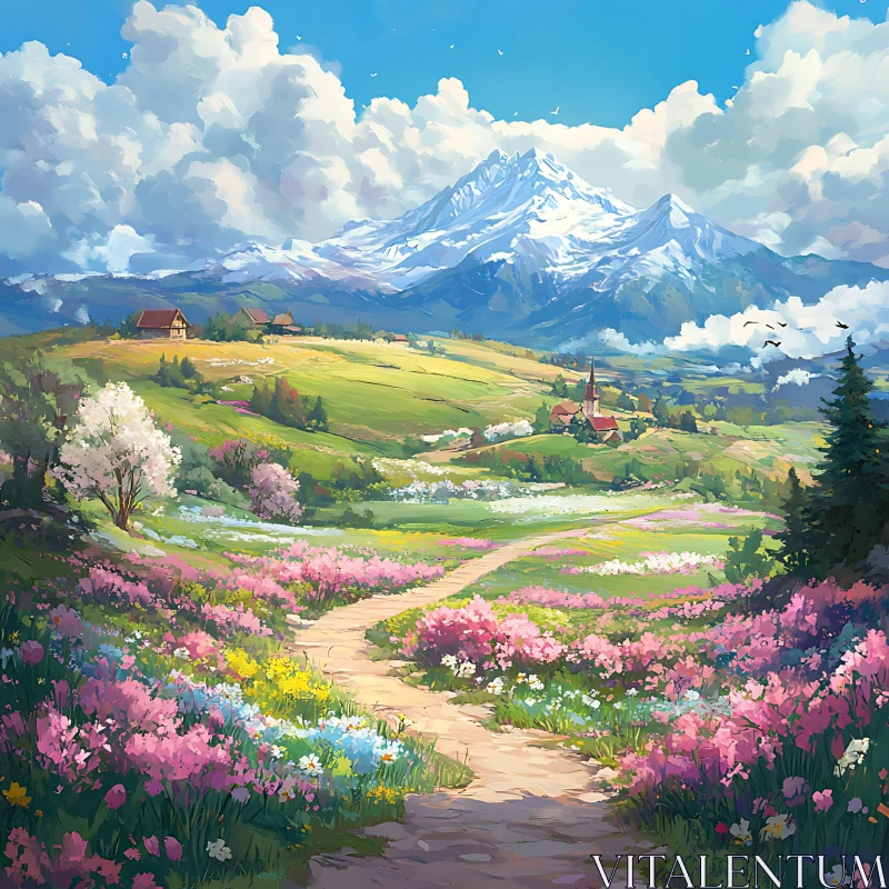 Scenic Mountain View with Blooming Flowers AI Image