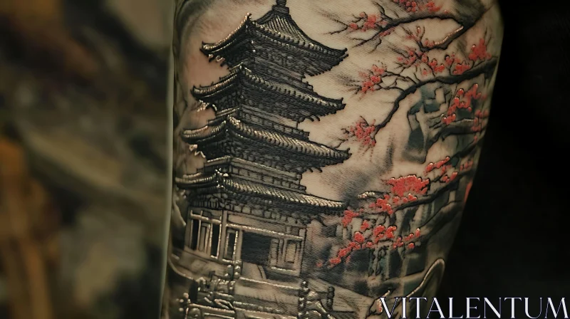 Traditional Japanese Pagoda Ink Art AI Image