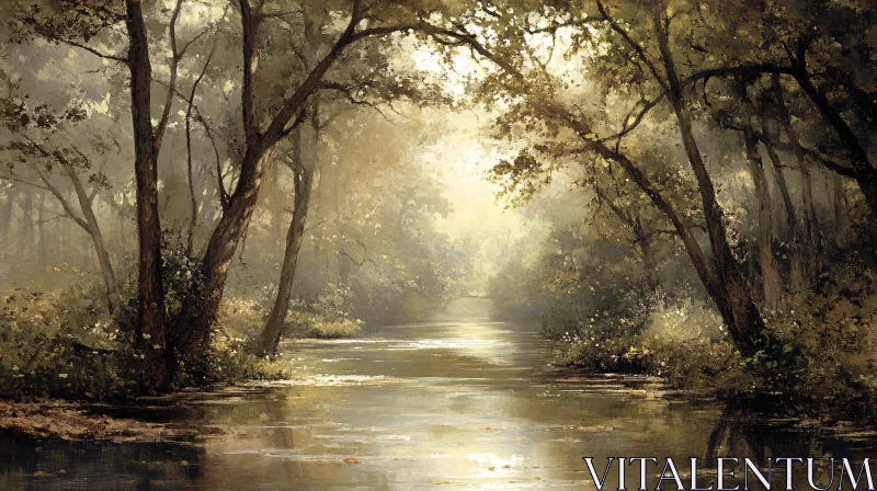 AI ART Peaceful Forest River with Sunlight and Reflections