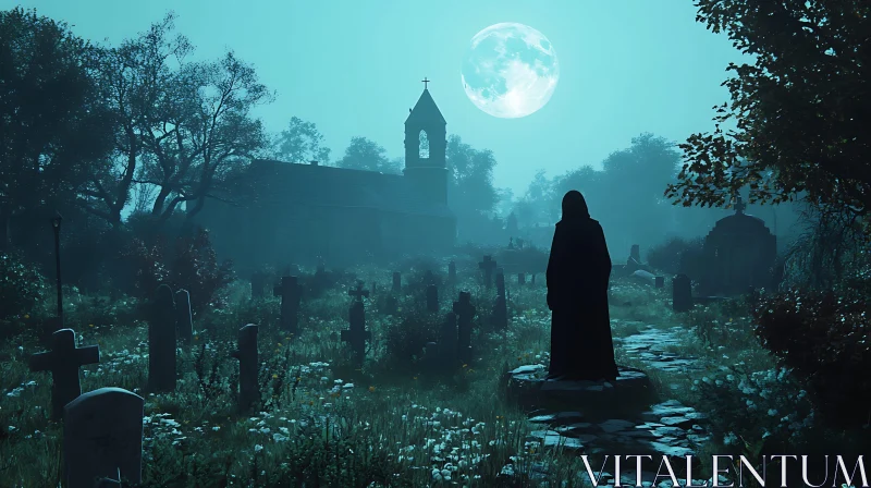 Cloaked Figure in Misty Graveyard AI Image