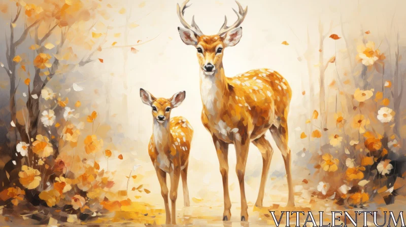 Mother and Baby Deer in Autumn - Artistic Representation AI Image
