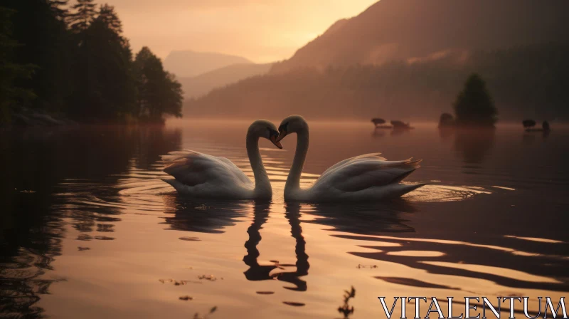 Romantic Swan Duo at Sunset in Norwegian Landscape AI Image