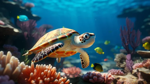 Underwater Life: Turtle Swimming Among Colorful Corals
