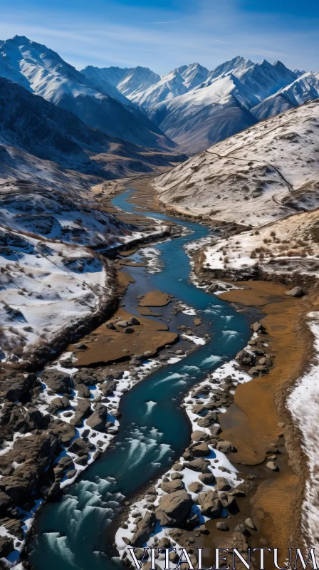 AI ART Winter River in the Mountains: A Captivating Aerial Photography